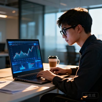 一位戴黑框眼镜的年轻数据工程师，正专注地操作笔记本电脑，屏幕上显示着实时数据图表